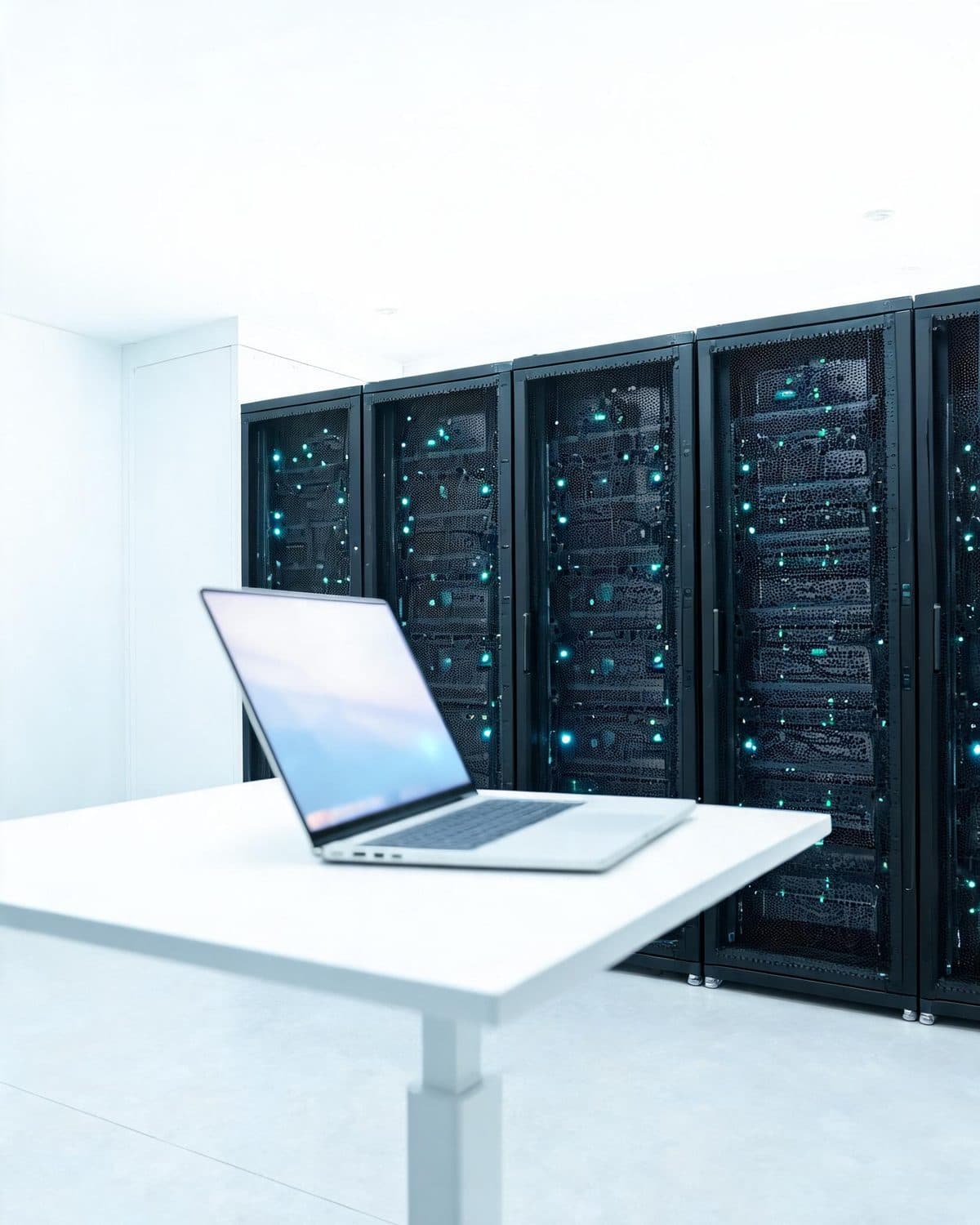 A laptop on a white standing desk beside a row of closed server racks