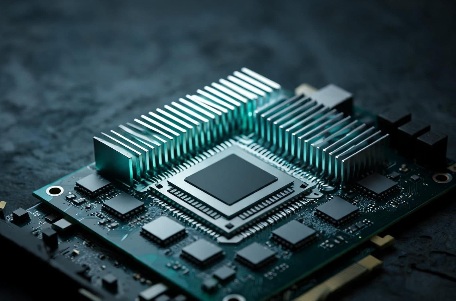 Close-up of a GPU accelerator board, its heat-sink fins lit by a teal rim light