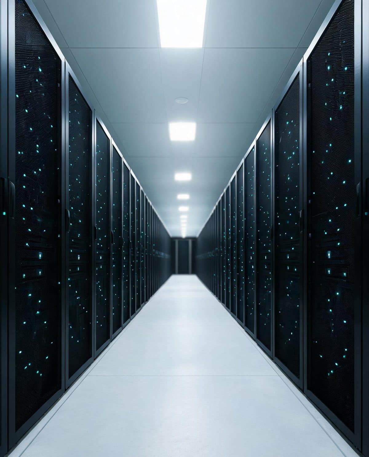 A quiet data center aisle between two rows of black server racks with small teal status lights