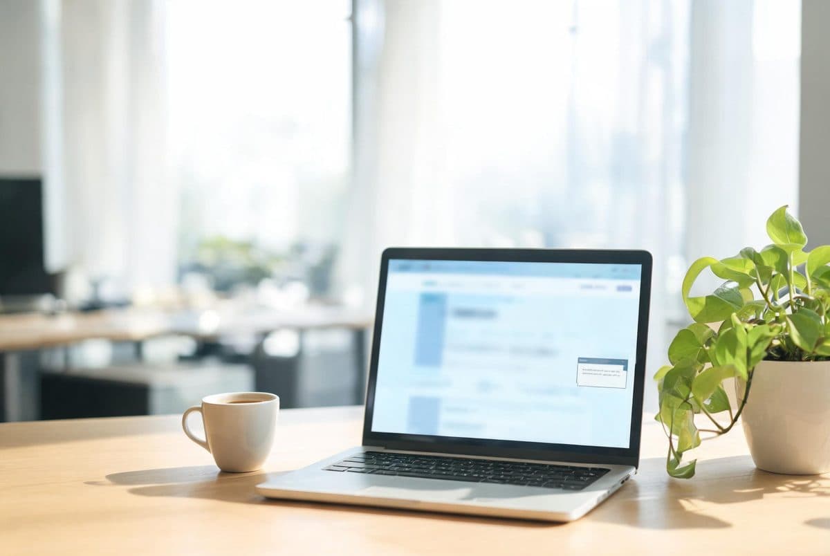 A laptop on an oak desk showing a website with a chat window open in the corner