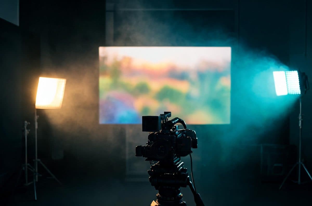 A cinema camera on a tripod in a small studio lit in teal and amber