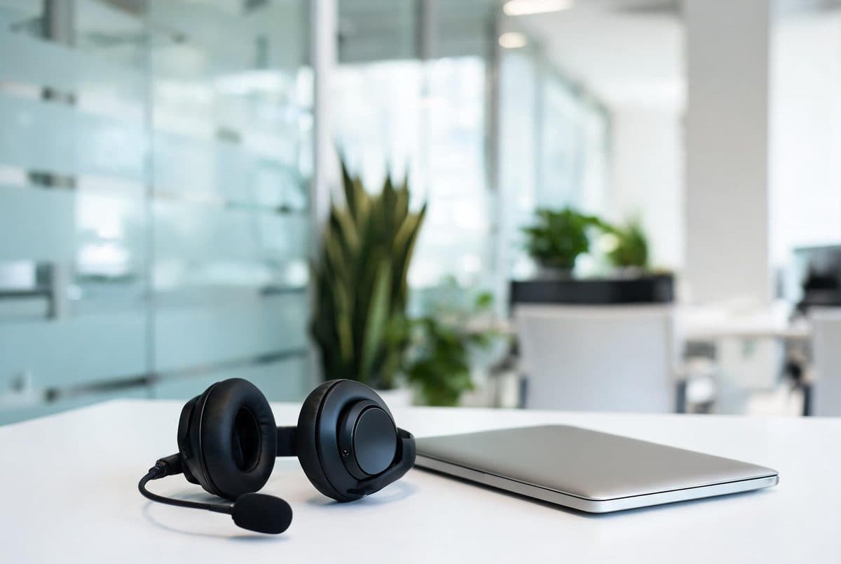A headset with a microphone resting on a desk beside a laptop in a bright office